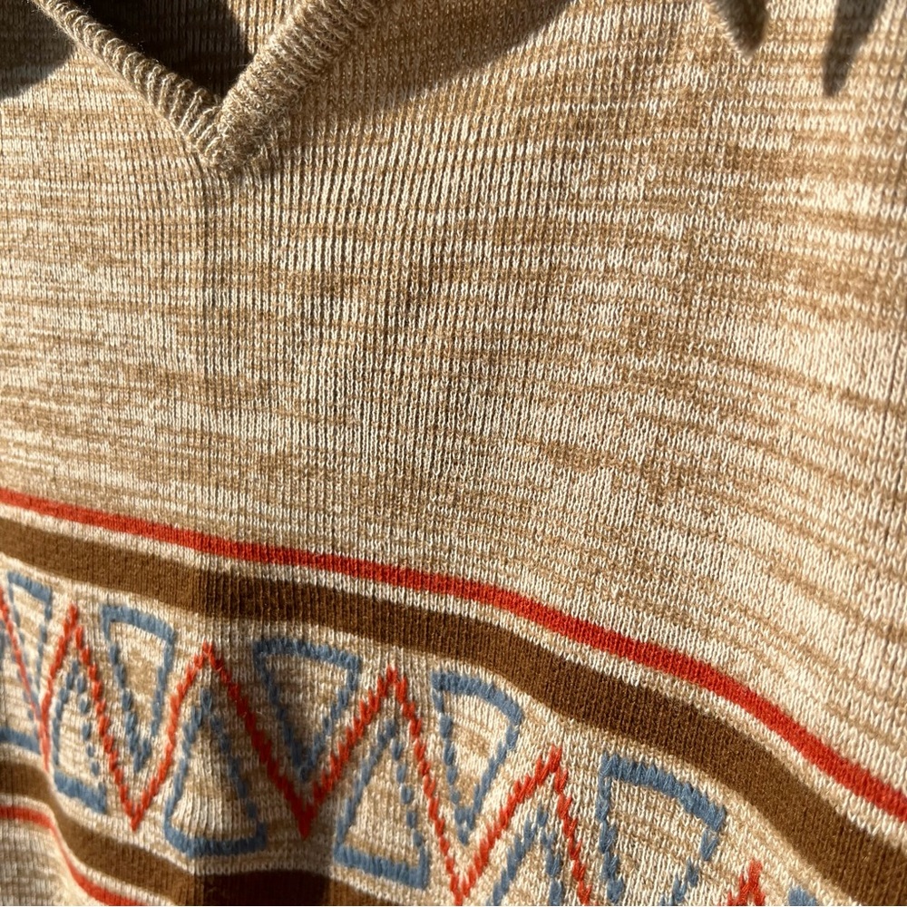 Vintage 70s Knit Space Dye Geometric Collared V-Neck Long Sleeve Brown Sweater - Picture 3 of 10